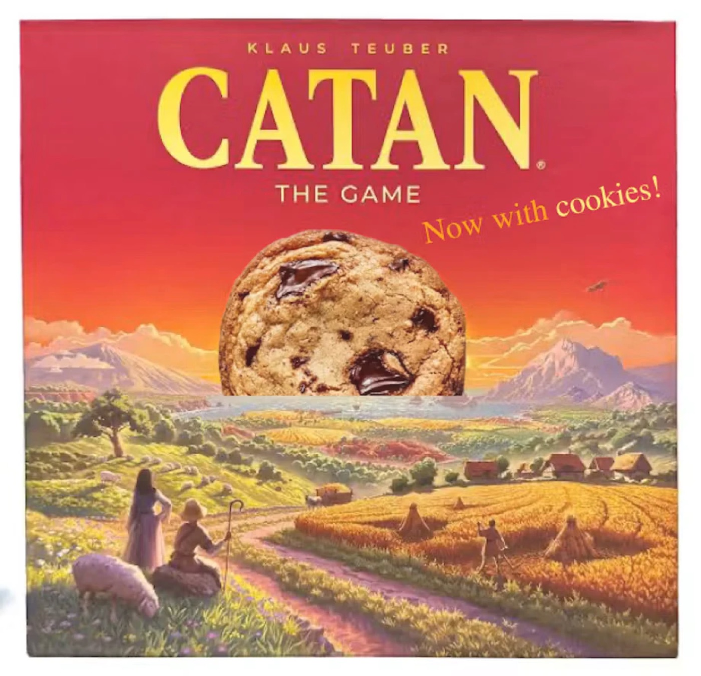 Catan and Cookies — the Catan box cover with a chocolate chip cookie rising over the landscape and the words &ldquo;Now with cookies!&rdquo;