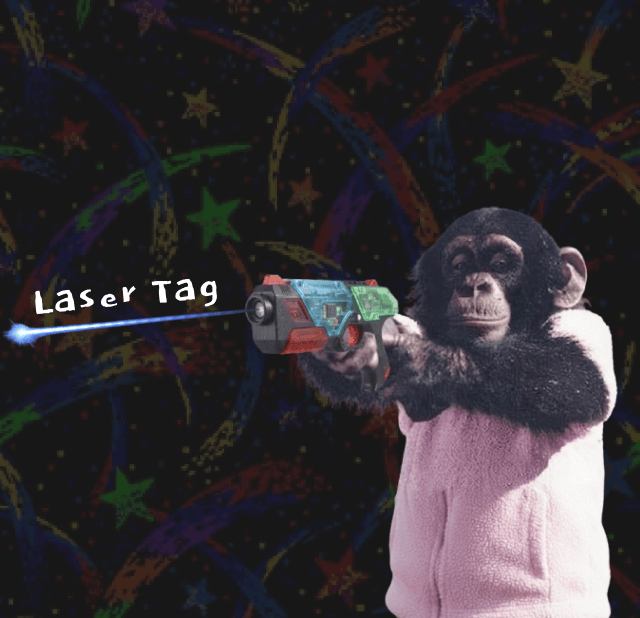 Zap The Homies — the invitation. A chimpanzee in a pink hoodie firing a laser gun across a starry background, with the words "Laser Tag".