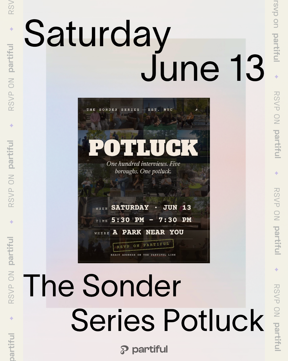 The Sonder Series Potluck — Partiful invite, Saturday June 13