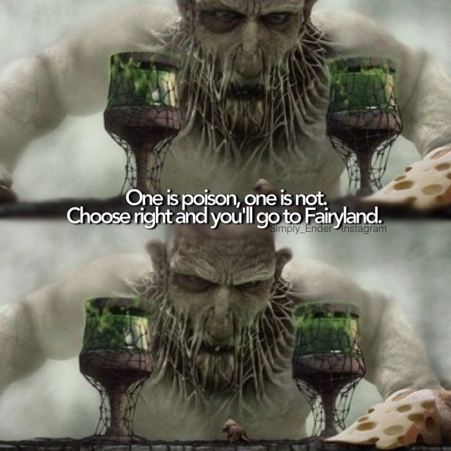 The giant of the Mind Game holding out two cups, over the line "One is poison, one is not. Choose right and you'll go to Fairyland."